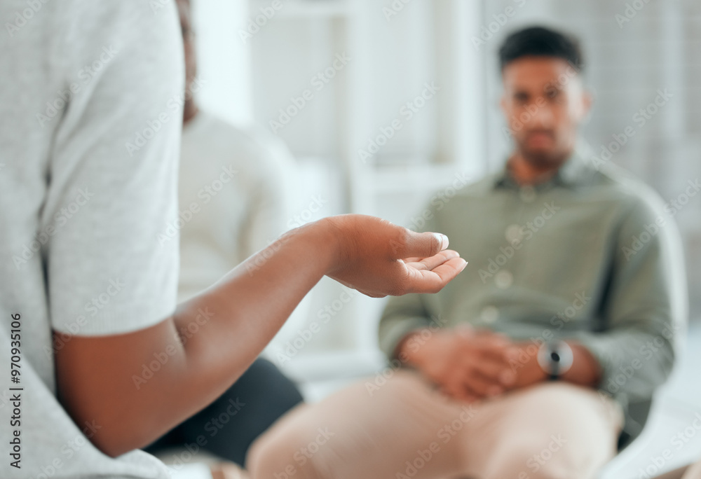 Counseling group, hands and people talking in circle for mental health support, sharing story or recovery. Therapy, patients or rehabilitation for trauma, addiction and meeting for wellness or advice Counseling group, hands and people talking in circle for mental health support, sharing story or recovery. Therapy, patients or rehabilitation for trauma, addiction and meeting for wellness or advice