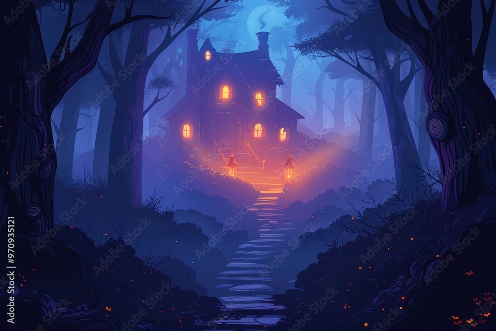 Fototapeta premium Enchanted forest with haunted house, eerie Halloween,