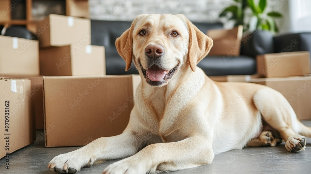 Cute Labrador dog and boxes on moving day lying at home Cute Labrador dog and boxes on moving day lying at home