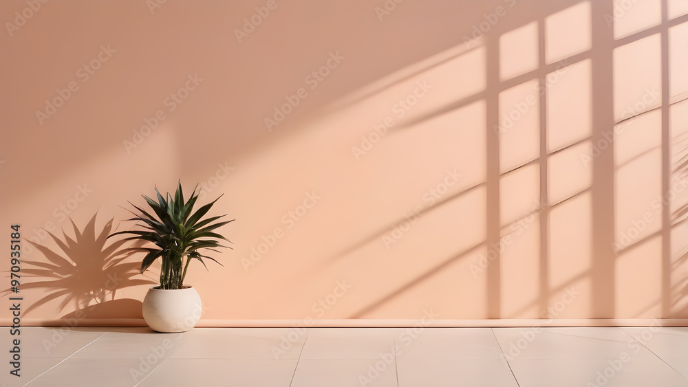 Fototapeta premium Interior of modern living room with plant in pot and shadows on wall