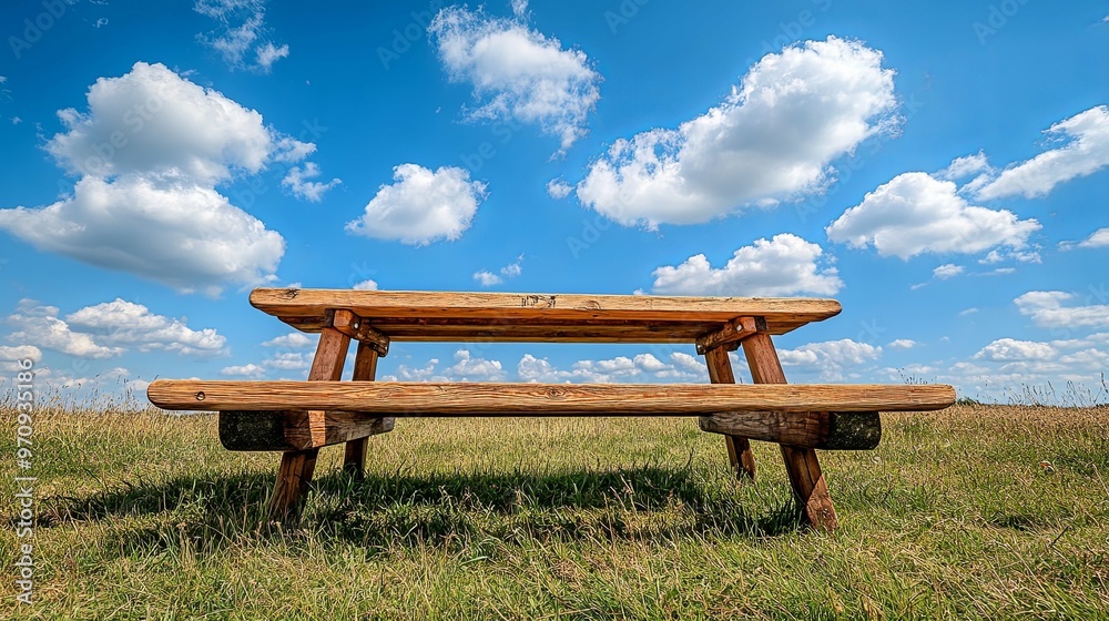 Wooden Picnic Table Under a Blue Sky with White Clouds Wooden Picnic Table Under a Blue Sky with White Clouds