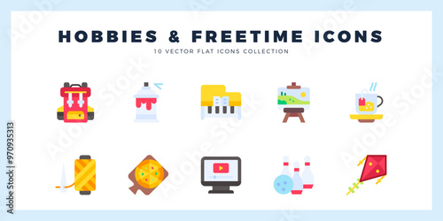 10 Hobbies and Freetime Flat icons pack. vector illustration.