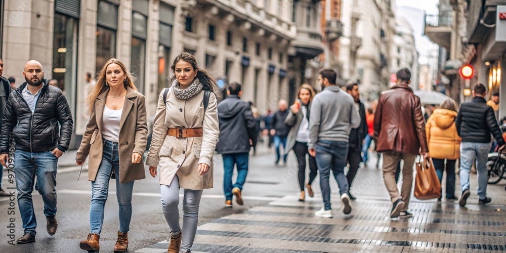 Naklejka premium wo Young Women Walking on a Busy City Street. wo stylish young women confidently navigate a bustling city street, surrounded by a diverse crowd of people.