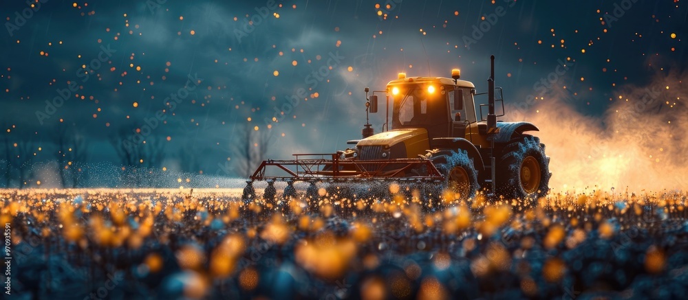 Powerful tractor cultivating a rural agricultural field at night with dramatic lighting effects creating a cinematic and surreal atmosphere Powerful tractor cultivating a rural agricultural field at night with dramatic lighting effects creating a cinematic and surreal atmosphere