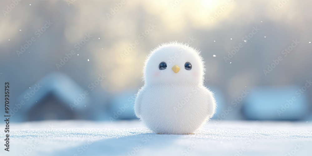 Obraz premium Charming owl dressed as a snowman, set against a picturesque snowy village scene, beautifully rendered in 3D.