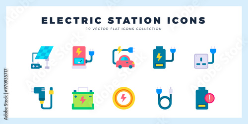 10 Electric Station Flat icons pack. vector illustration.