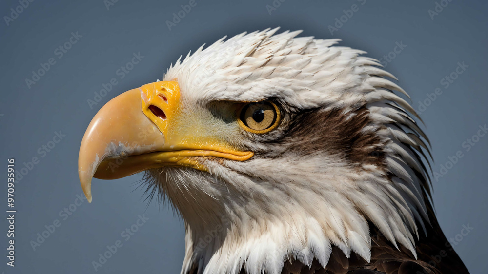 Bald eagle closeup of hooked beak and majestic eyes with plain background Bald eagle closeup of hooked beak and majestic eyes with plain background