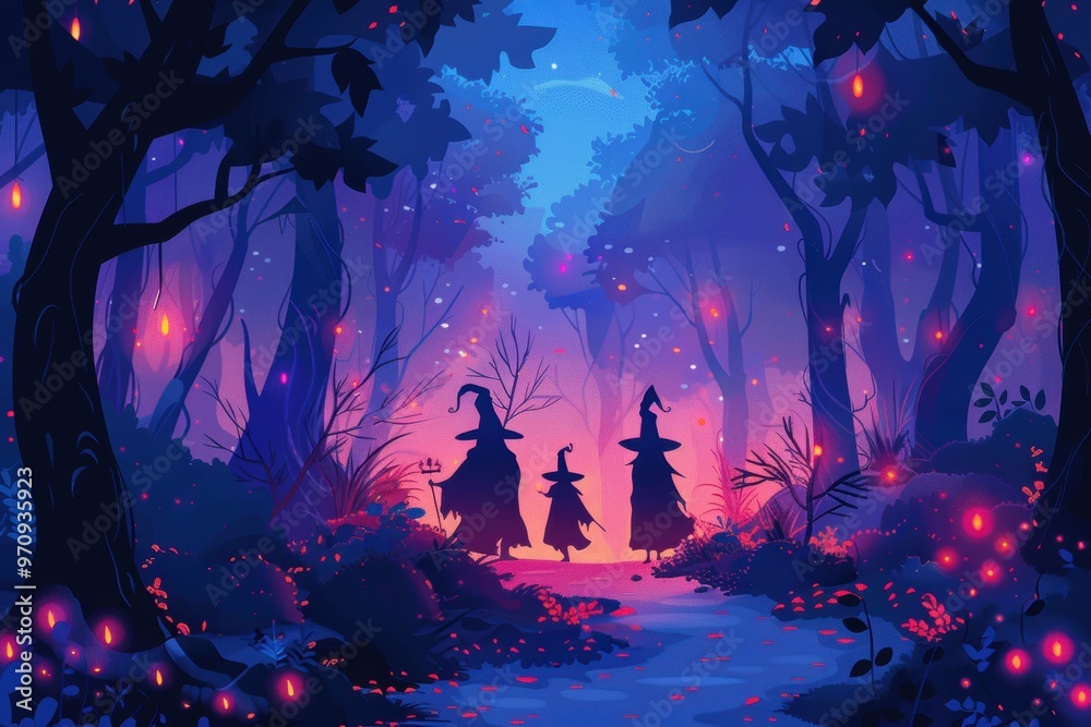 Enchanted forest with witches casting spells, Halloween magic Enchanted forest with witches casting spells, Halloween magic