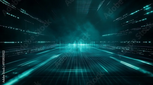 Abstract digital background with glowing lines and futuristic elements, creating a sense of depth and motion in a technology theme.