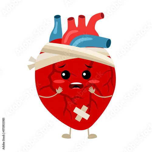 Sick heart cartoon character in flat design on white background. Heart disease concept vector illustration.