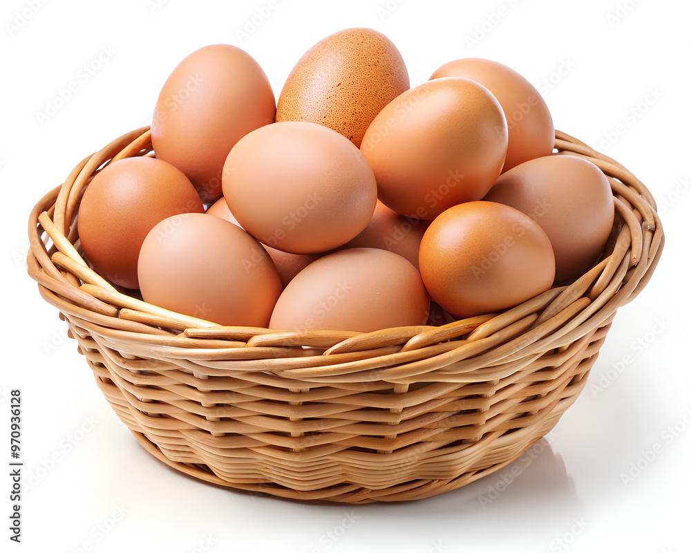 Eggs in wicker basket is isolated on white background, clipping path Eggs in wicker basket is isolated on white background, clipping path
