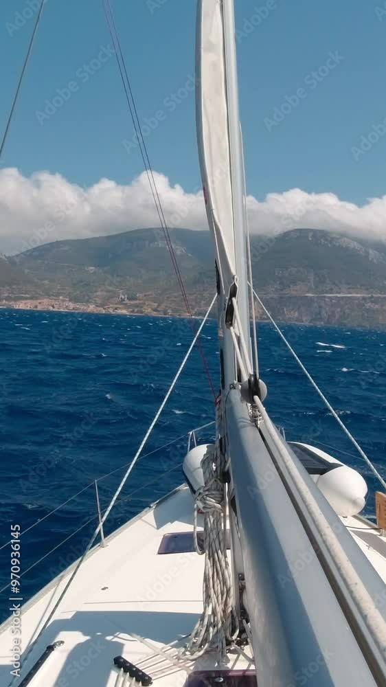 View from the bow of the yacht to the beautiful coast on a sunny summer day. Vacation and summer holiday concept. Vertical Video View from the bow of the yacht to the beautiful coast on a sunny summer day. Vacation and summer holiday concept. Vertical Video