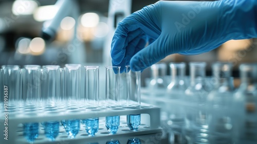 Hand in blue gloves setting a test tube on a table in a clinical laboratory with a blurred background of test tubes