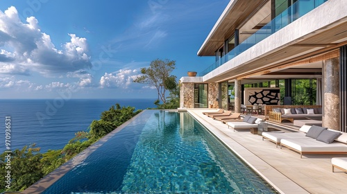 Elegant modern villa with a stunning infinity pool, spacious deck area furnished with multiple lounge chairs, offering an uninterrupted view of the vast ocean and surrounding nature.