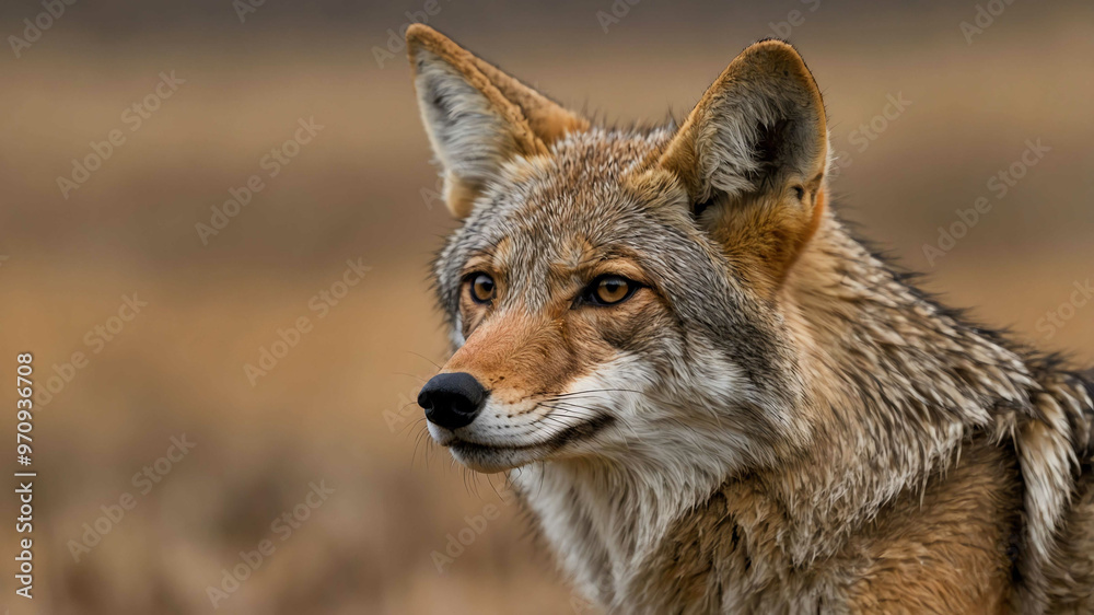 Coyote closeup showing alert ears and sharp features with plain background Coyote closeup showing alert ears and sharp features with plain background
