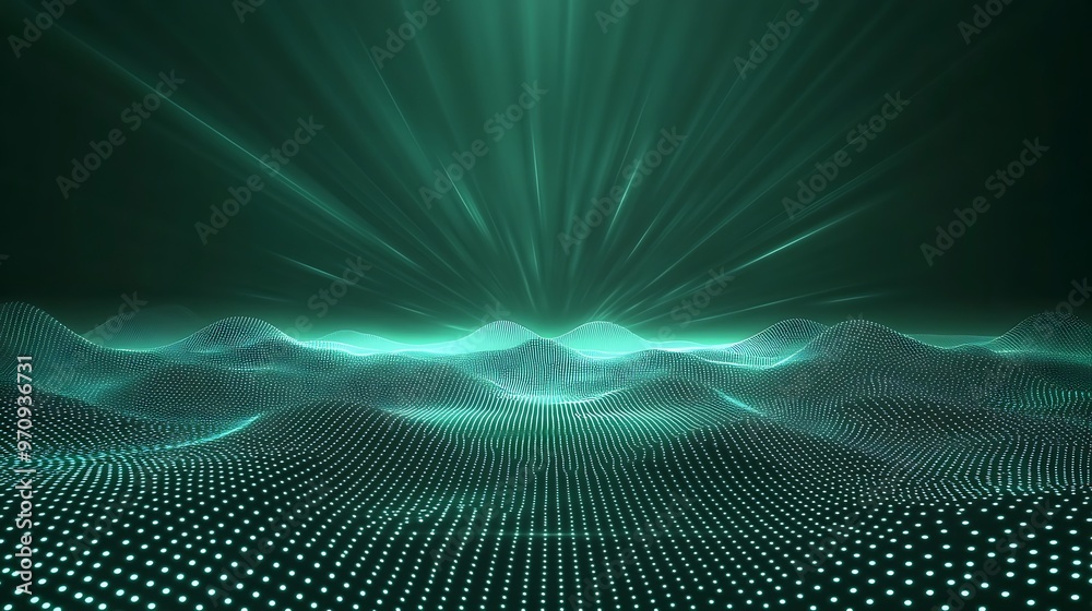 Abstract digital landscape with glowing waves and dotted patterns, creating a futuristic and serene atmosphere. Abstract digital landscape with glowing waves and dotted patterns, creating a futuristic and serene atmosphere.