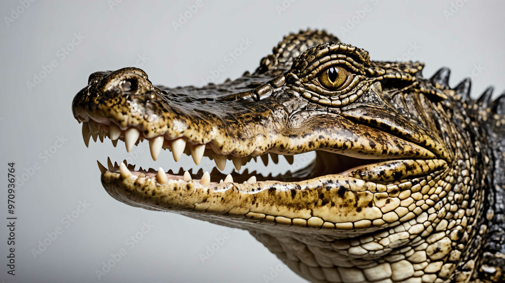 Obraz premium Crocodile closeup focusing on teeth and rough scales with plain background