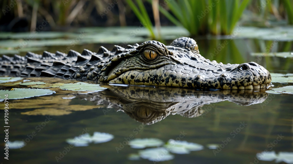 Fototapeta premium Crocodile closeup lurking in murky water with swamp plants around