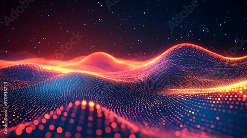 Abstract digital landscape with glowing waves and dots, creating a vibrant and futuristic visual experience.
