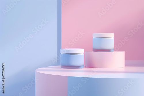 Two containers of makeup sit on a blue and green background.,