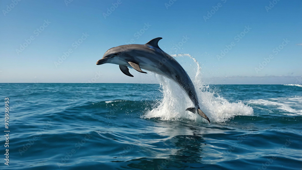 Fototapeta premium Dolphin closeup jumping out of the ocean with crashing waves around
