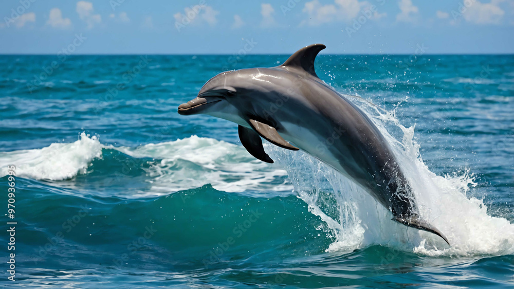 Fototapeta premium Dolphin closeup jumping out of the ocean with crashing waves around