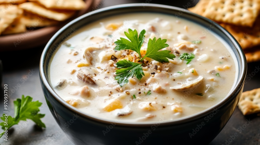 A bowl of delicious homemade New England clam chowder with parsley garnish and salted crackers A bowl of delicious homemade New England clam chowder with parsley garnish and salted crackers