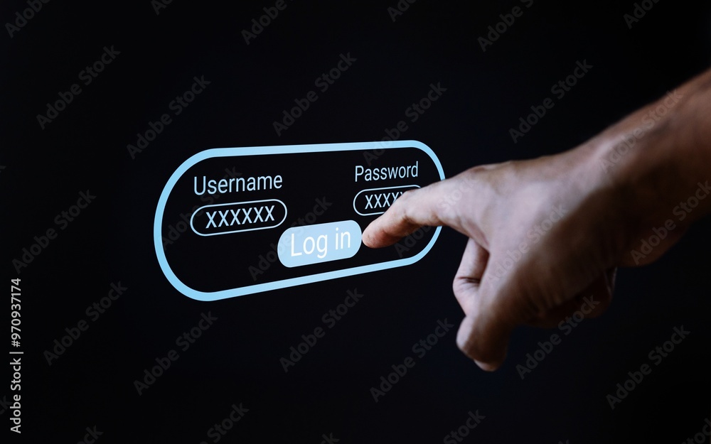 A hand interacting with a holographic login interface. Cybersecurity, digital access, and advanced user interfaces concept. A hand interacting with a holographic login interface. Cybersecurity, digital access, and advanced user interfaces concept.