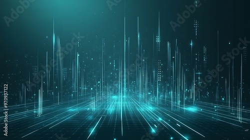 Abstract futuristic background with glowing vertical lines and particles in a teal gradient, representing technology and innovation.