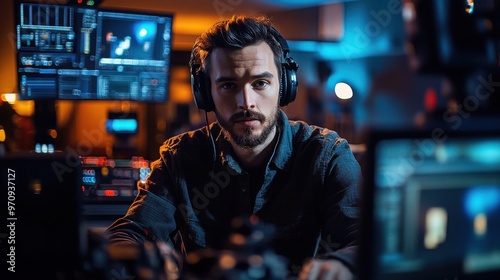 Young Man Concentrated on Work Editing Video in Studio