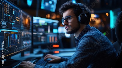Focused Young Man Working Late at Night on Computer with Headphones