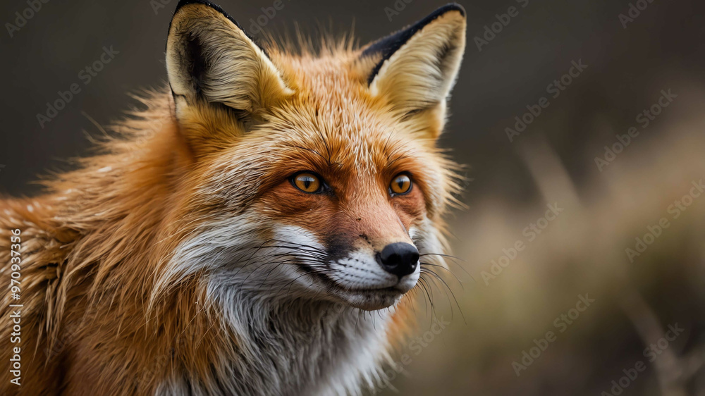 Fototapeta premium Fox closeup of pointed ears and sharp eyes with plain background