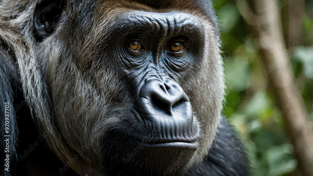 Gorilla closeup of deep set eyes and muscular face with plain background Gorilla closeup of deep set eyes and muscular face with plain background