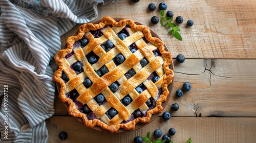 Blueberry pie closeup on table photo