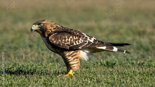 Hawk closeup diving toward prey in a wide open field