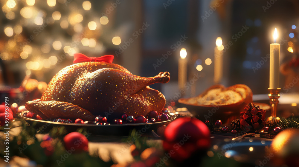 A beautifully arranged Christmas Eve dinner table featuring roasted turkey adorned with festive bow, surrounded by candles and holiday decorations, creating warm and inviting atmosphere