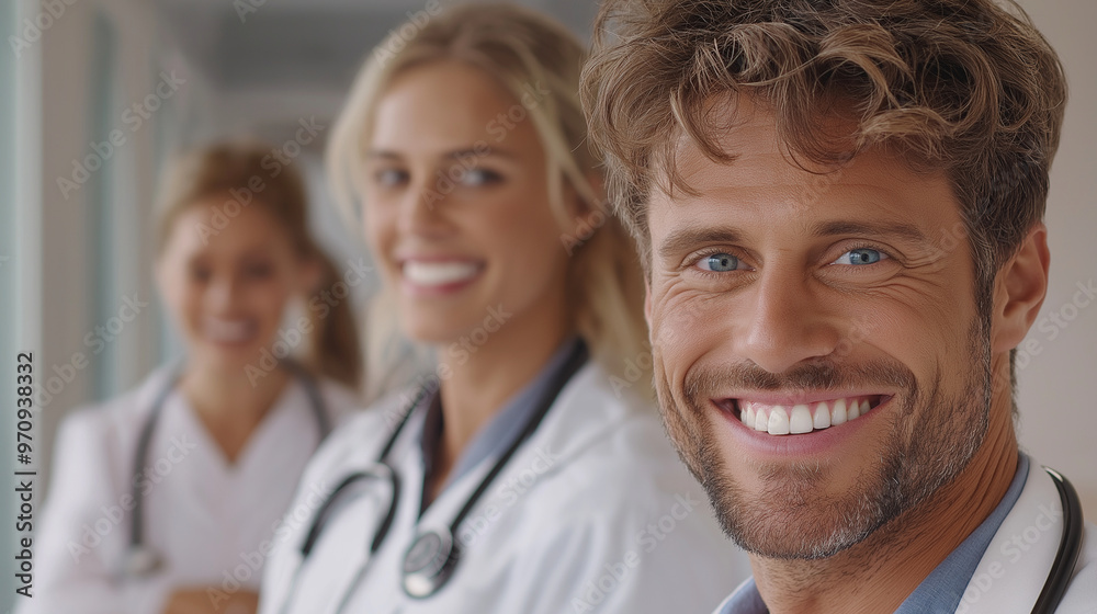 Doctors and nurses standing in a hospital hallway, casually discussing their day with smiles and laughter, a relaxed moment in between work, medical team, camaraderie, casual envir Doctors and nurses standing in a hospital hallway, casually discussing their day with smiles and laughter, a relaxed moment in between work, medical team, camaraderie, casual envir