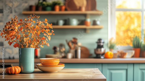 A cozy kitchen setting features an autumn-themed centerpiece with orange foliage in a blue vase on a wooden table, creating a warm and inviting ambiance of the fall season.