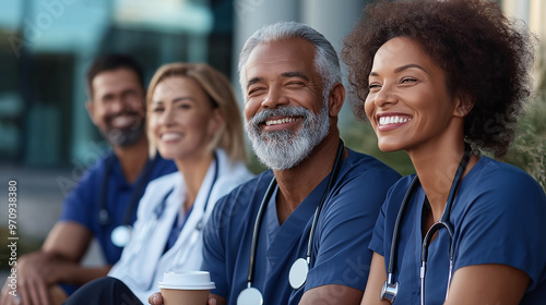 A group of doctors and nurses sitting on a bench outside the hospital, some sipping coffee, others chatting casually, enjoying a moment of relaxation, medical staff, teamwork, outd photo