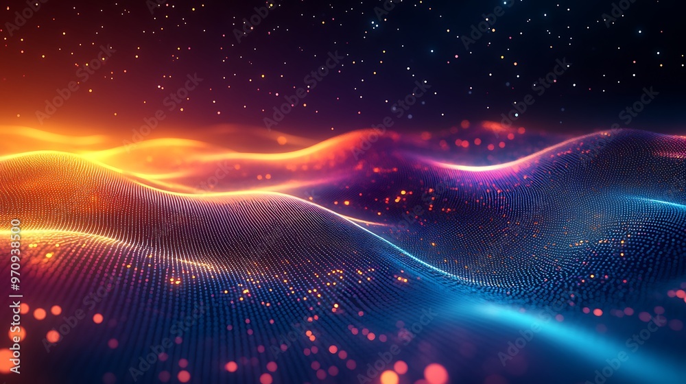 Dynamic abstract wave patterns create a vibrant and colorful digital landscape, perfect for backgrounds or digital art projects. Dynamic abstract wave patterns create a vibrant and colorful digital landscape, perfect for backgrounds or digital art projects.