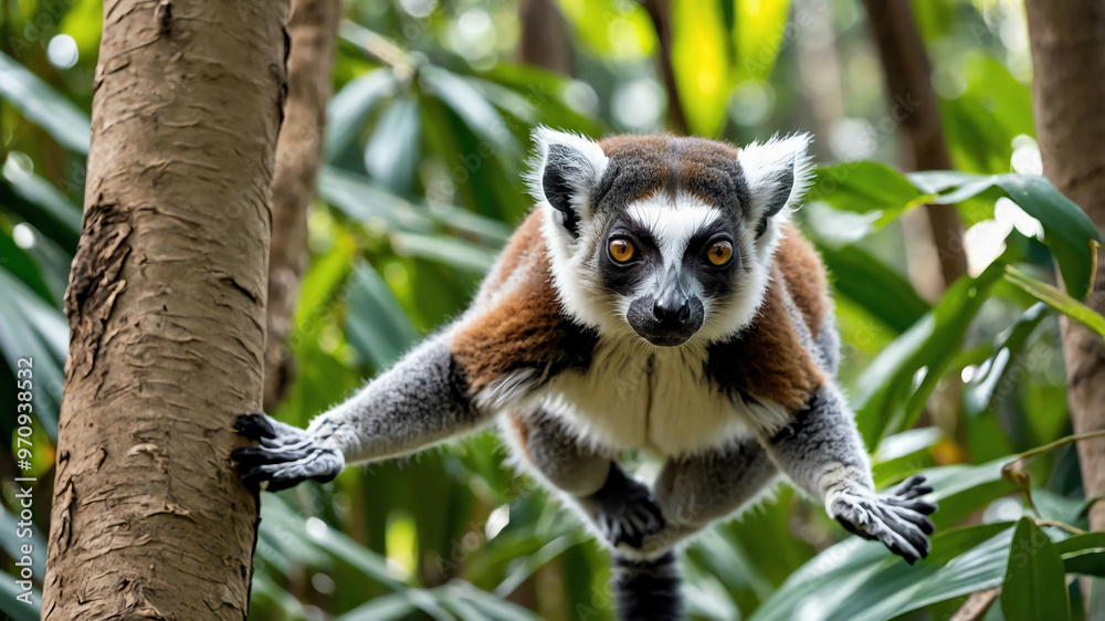 Fototapeta premium Lemur closeup leaping between trees in a tropical forest with thick canopy