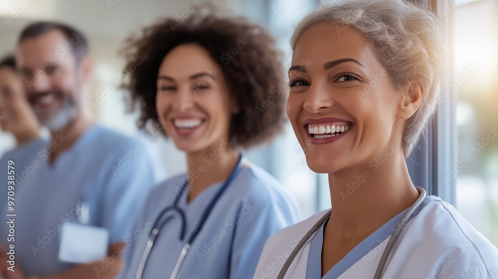 Nurses and doctors standing near a window in a hospital corridor, casually chatting and smiling as they take a brief pause from their duties, the light streaming in creates a calm Nurses and doctors standing near a window in a hospital corridor, casually chatting and smiling as they take a brief pause from their duties, the light streaming in creates a calm