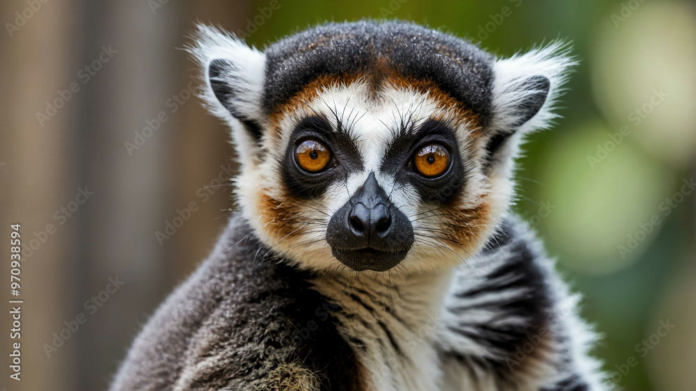 Obraz premium Lemur closeup showing large reflective eyes and fluffy face with plain background