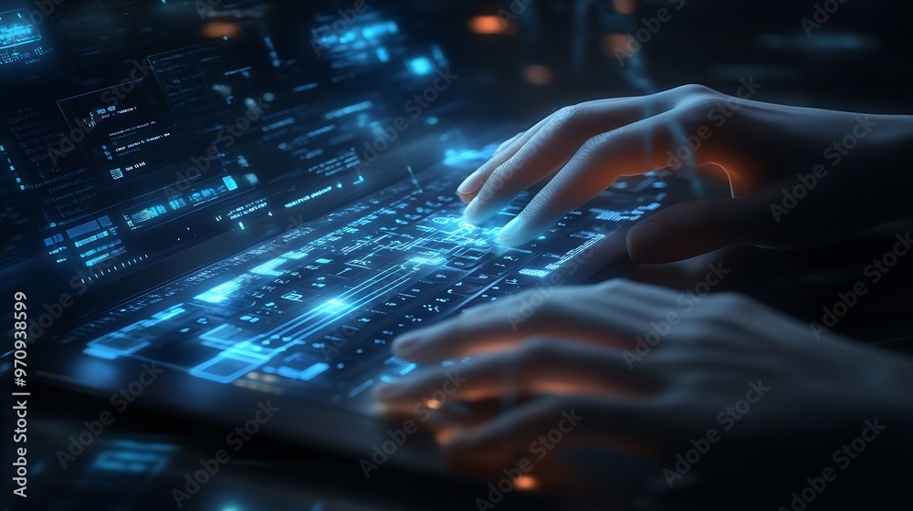 Hands Typing on Futuristic Laptop with Glowing Blue Keyboard Hands Typing on Futuristic Laptop with Glowing Blue Keyboard