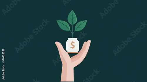 A hand holding jar with dollar sign and plant growing from it symbolizes frugal living habits and careful money management. This image conveys importance of nurturing financial growth