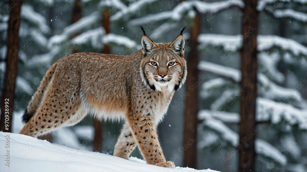 Fototapeta premium Lynx closeup prowling through snow covered forest with pine trees in the background