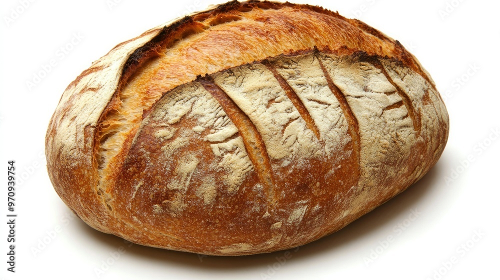 A fresh loaf of artisan bread with a crispy crust and soft interior, placed on a clean white background A fresh loaf of artisan bread with a crispy crust and soft interior, placed on a clean white background