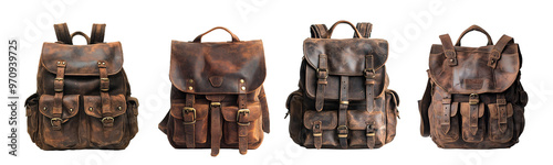 Collection png banner of rugged leather backpacks with vintage appeal photo