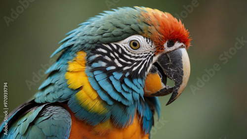 Parrot closeup of vibrant feathers and curved beak with plain background