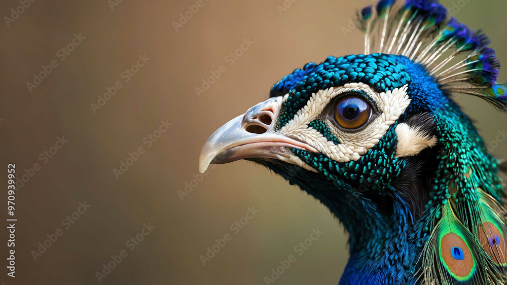 Peacock closeup highlighting iridescent feather patterns with plain background